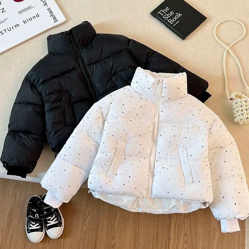 2026 Winter Girls Rhinestone Puffer Jacket Korean Star-Studded Fashion Coat Glitter Zip-Up Quilted Down Jacket