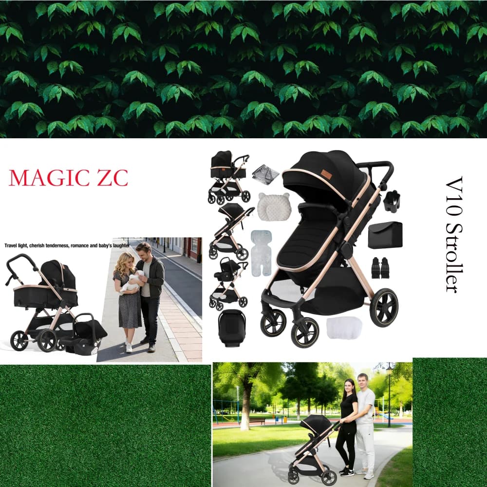3 in 1 Luxury Lightweight Stroller Baby Carriage Lightweight Portable Folding High Seat Travel Stroller with Car Seat, Memory Foam Mattress and Storage Bag, Fashionable Shopping Cart