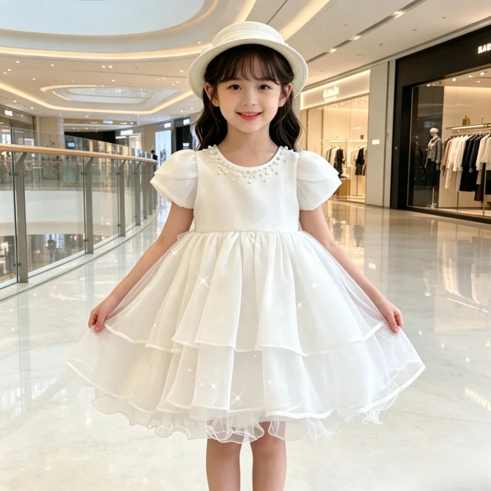 New Children White Cake Tutu Formal Princess Elegant Simple Flower Gown Baby Girls First Birthday Party Girl Host Dress Costume