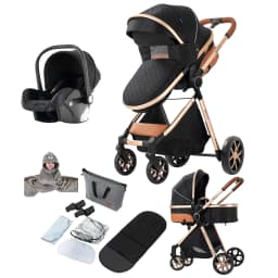 Travel System Bidirectional Baby Stroller with 6 Accessories - Face-to-Face Pushing, All-Season Canopy (Summer Mesh/Winter Windshield), Adjustable Handle, Large Storage Basket, 4-Wheel Brake - Safe & Comfortable for 0-4 Years