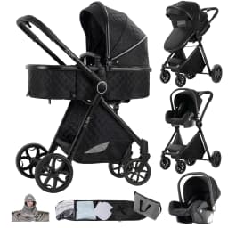 Travel System Bidirectional Baby Stroller with 6 Accessories - Face-to-Face Pushing, All-Season Canopy (Summer Mesh/Winter Windshield), Adjustable Handle, Large Storage Basket, 4-Wheel Brake - Safe & Comfortable for 0-4 Years