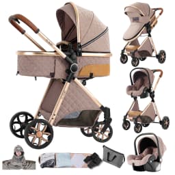 Travel System Bidirectional Baby Stroller with 6 Accessories - Face-to-Face Pushing, All-Season Canopy (Summer Mesh/Winter Windshield), Adjustable Handle, Large Storage Basket, 4-Wheel Brake - Safe & Comfortable for 0-4 Years