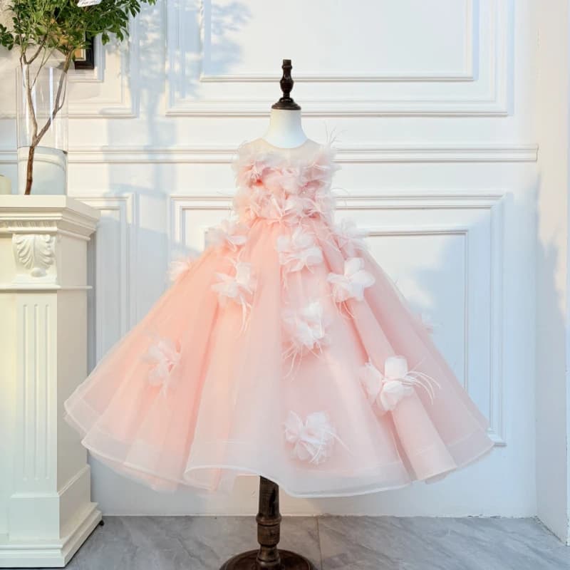 2026 Children Pink 3D Floral Girls Princess Gown Flower Girl Wedding Kids Birthday Runway Piano Performance Tutu Pageant Costume