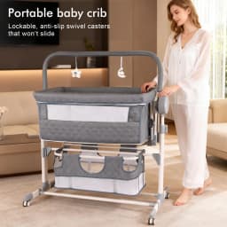 Automatic Baby Rocking Crib Electric Cradle with 5 Speed Swing Remote Control Bluetooth Music Timer Height Adjustable Breathable Mesh Mattress Mosquito Net Large Storage Basket Lockable Wheels for Newborn Infant
