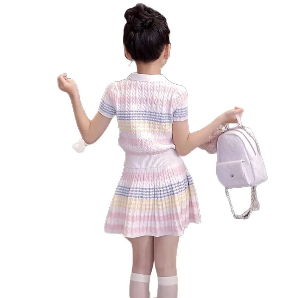 2026 new summer child set teenager Girls Cloth striped tracksuit T shirt top + bottom pleated Skirt suit 4 8 9 10 12 Year tennis
