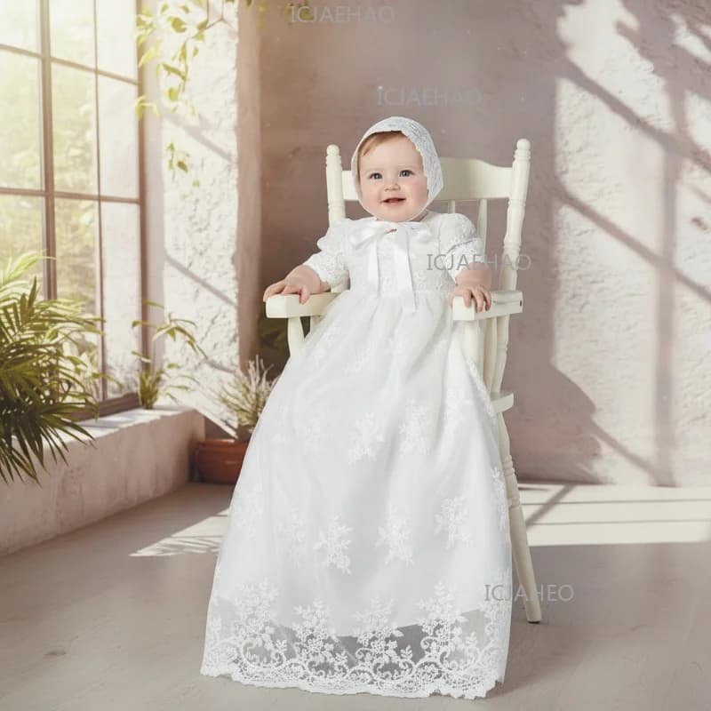 Baby Kids First Birthday Hundred Days Christening Gown Hat Two Piece Set Party Banquet Costume Children White Long Lace Dress
