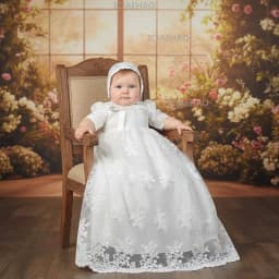 Baby Kids First Birthday Hundred Days Christening Gown Hat Two Piece Set Party Banquet Costume Children White Long Lace Dress