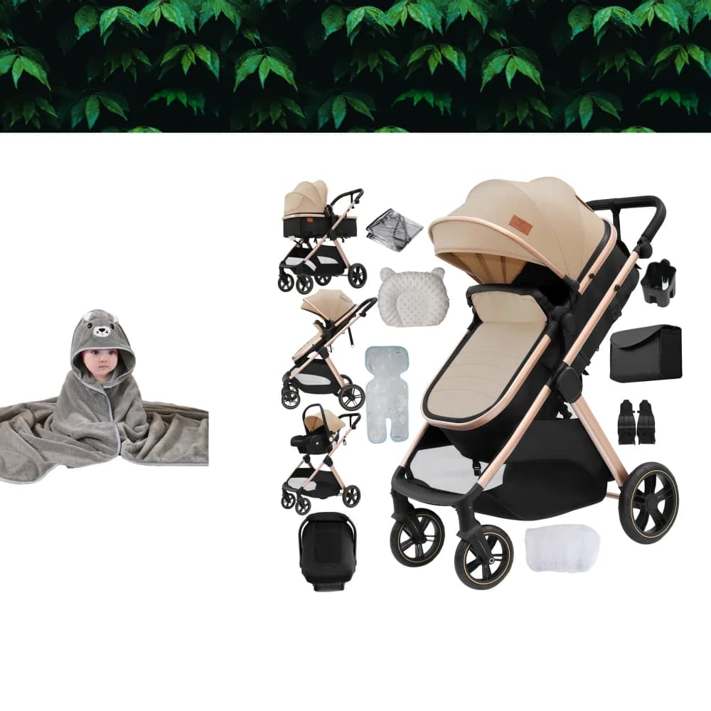 Baby Travel System 3 in 1 Stroller Pushchair Pram Lightweight Baby Carriage Foldable Design Reversible Seat Adjustable Backrest Smooth Suspension Wheels Spacious Storage Basket Comfortable Ride for Newborn Baby Toddler
