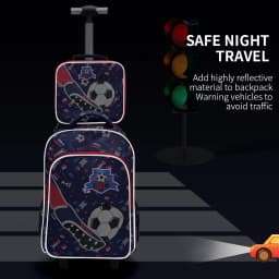 3PCS Rolling Backpack For Boys, Kids Travel Bag, Luggage Bag, Bookbag with Wheels, with Lunch Box And Pen Bag, Cartoon Soccer Pattern, Nighttime Reflective