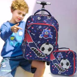 3PCS Rolling Backpack For Boys, Kids Travel Bag, Luggage Bag, Bookbag with Wheels, with Lunch Box And Pen Bag, Cartoon Soccer Pattern, Nighttime Reflective