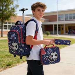 3PCS Rolling Backpack For Boys, Kids Travel Bag, Luggage Bag, Bookbag with Wheels, with Lunch Box And Pen Bag, Cartoon Soccer Pattern, Nighttime Reflective