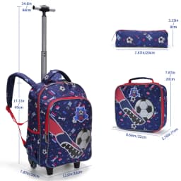3PCS Rolling Backpack For Boys, Kids Travel Bag, Luggage Bag, Bookbag with Wheels, with Lunch Box And Pen Bag, Cartoon Soccer Pattern, Nighttime Reflective