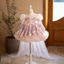Lace Long Sleeve Puff Sleeve Girls Sweep Train Gown First Birthday Party Banquet Baby Flower Girl Princess Tutu Elegant Costume