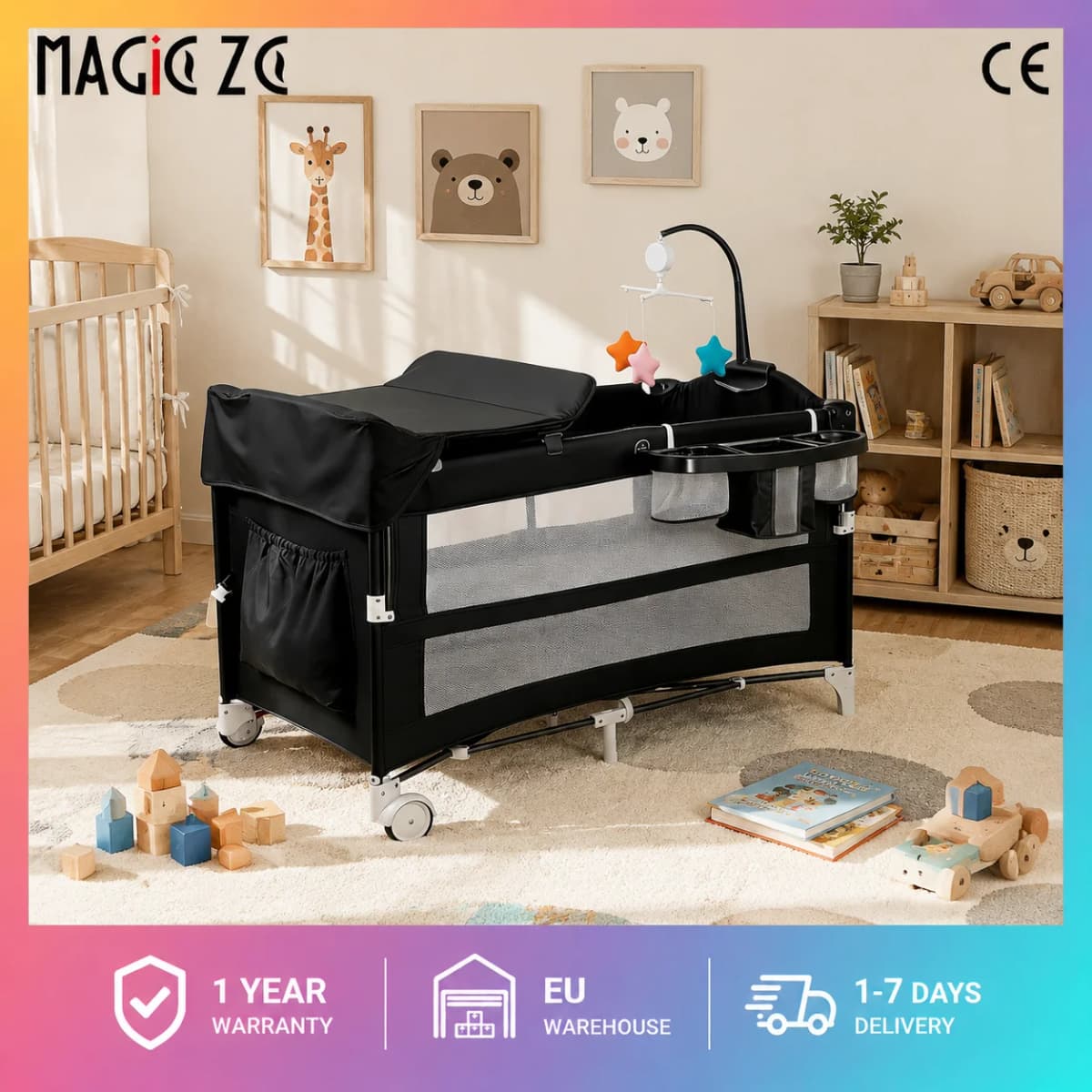 Portable Baby Crib Multifunctional Foldable Travel Cot Infant Co Sleeper Bed Splicing Bassinet Mobile Playpen with Diaper Changing Table Mosquito Net Storage Basket Wheels Installation Free Newborn Bed