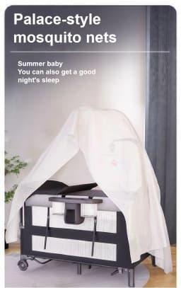 Portable Baby Crib Multifunctional Foldable Travel Cot Infant Co Sleeper Bed Splicing Bassinet Mobile Playpen with Diaper Changing Table Mosquito Net Storage Basket Wheels Installation Free Newborn Bed