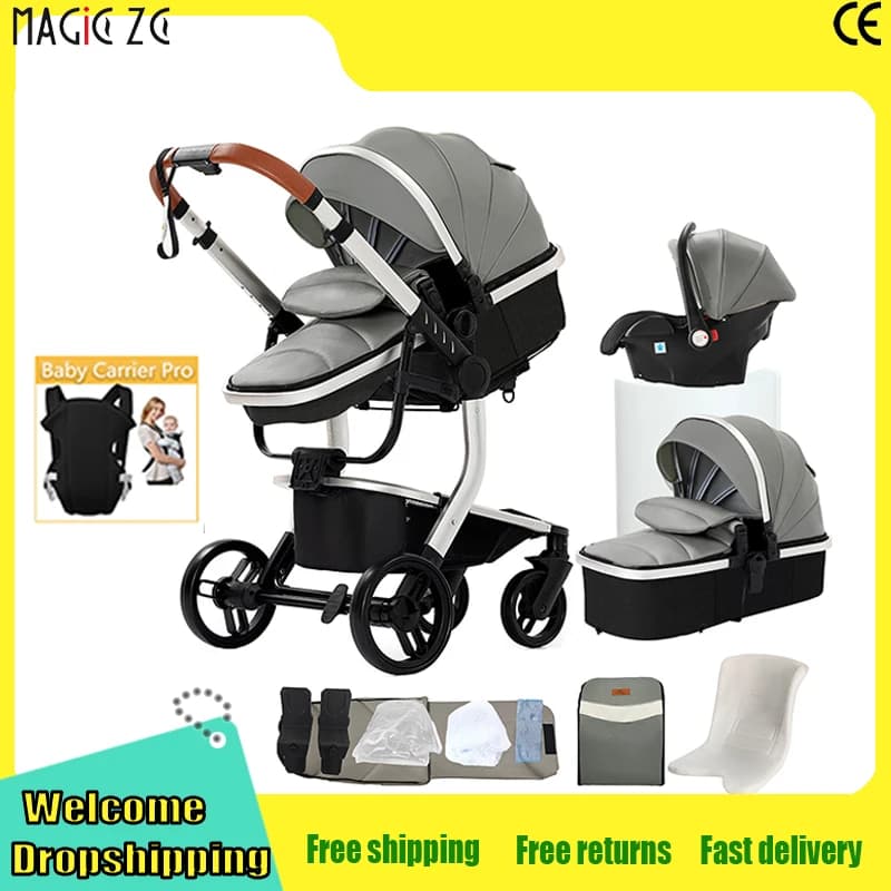 Luxury 3-in-1 Baby Stroller PU Leather Waterproof Easy Clean Pram Newborns Travel System Foldable Buggy with Car Seat Carriage