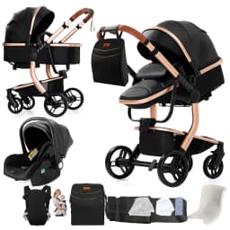 Luxury 3-in-1 Baby Stroller PU Leather Waterproof Easy Clean Pram Newborns Travel System Foldable Buggy with Car Seat Carriage