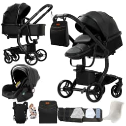Luxury 3-in-1 Baby Stroller PU Leather Waterproof Easy Clean Pram Newborns Travel System Foldable Buggy with Car Seat Carriage