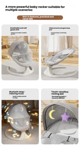 Smart Electric Baby Swing Chair Anti-Rollover Triangular Base Infrared Remote Control Induction Swing Bouncer Bluetooth Music Lullabies 5-Speed Adjustable Timing Function Mosquito Net Canopy Soother Seat