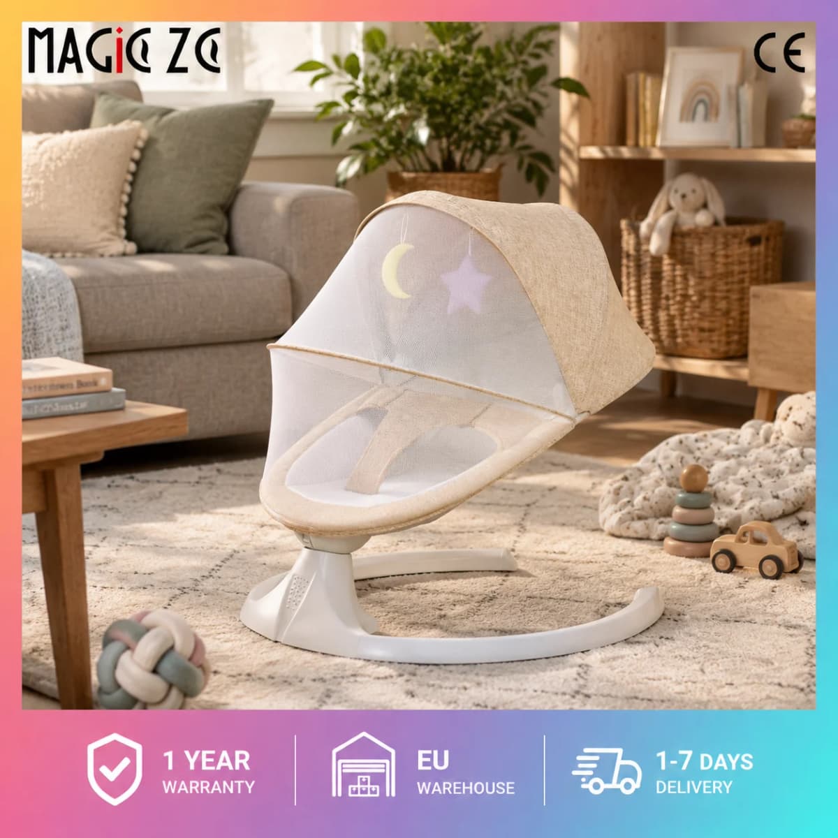 Smart Electric Baby Swing Chair Anti-Rollover Triangular Base Infrared Remote Control Induction Swing Bouncer Bluetooth Music Lullabies 5-Speed Adjustable Timing Function Mosquito Net Canopy Soother Seat