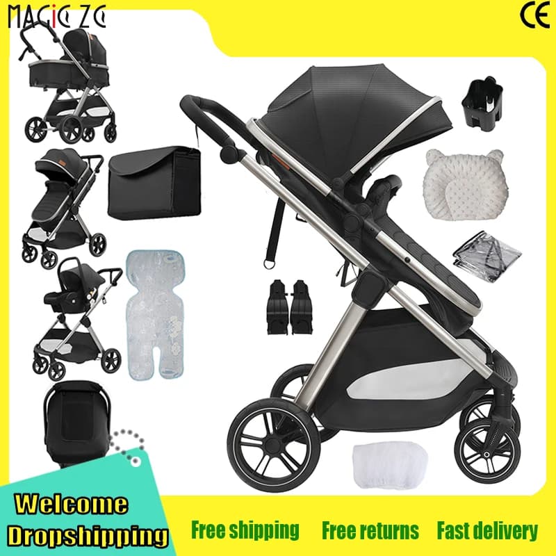 Baby Stroller 3-in-1 Newborn folk Baby Pushchair with Car sit Baby Travel System Adjustable Baby Pram with Bassinet Storage Basket Canopy Baby Buggy High Landscape New Model Baby Carriage