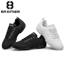 BAXINIER Girls Cheerleading Shoes White Black Breathable Knit Athletic Training Sneakers Youth Kids Cheer Shoes Non-Slip Rubber Sole for School Practice and Competition