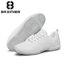 BAXINIER Girls Cheerleading Shoes White Black Breathable Knit Athletic Training Sneakers Youth Kids Cheer Shoes Non-Slip Rubber Sole for School Practice and Competition