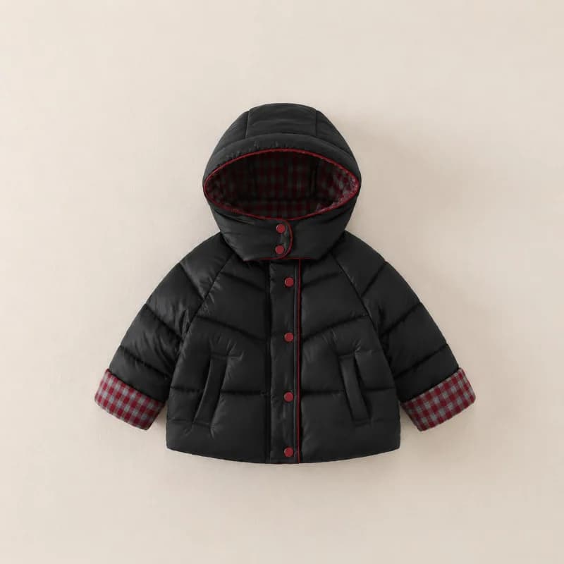 2026 New Winter Minimalist Children's Hooded Plaid Warm and Thickened Concealed Button Cotton Jacket