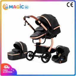 Luxury 3 in 1 Newborn Baby Stroller with Car Seat Travel System Reversible Foldable High Landscape Pushchair Carrycot PU Leather Handle Aluminium Frame EVA Wheels Premium Pram Baby Carriage for Toddler Compact