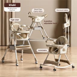 Baby Feeding High Chair 2 in 1 Convertible Rocking Horse Infant Toddler Dining Seat with Adjustable Backrest Double Tray 5 Point Safety Harness Foldable Frame Swivel Wheels Storage Basket for Eating Playing and Rest