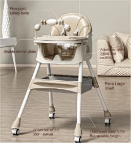 Baby Feeding High Chair 2 in 1 Convertible Rocking Horse Infant Toddler Dining Seat with Adjustable Backrest Double Tray 5 Point Safety Harness Foldable Frame Swivel Wheels Storage Basket for Eating Playing and Rest