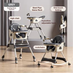 Baby Feeding High Chair 2 in 1 Convertible Rocking Horse Infant Toddler Dining Seat with Adjustable Backrest Double Tray 5 Point Safety Harness Foldable Frame Swivel Wheels Storage Basket for Eating Playing and Rest