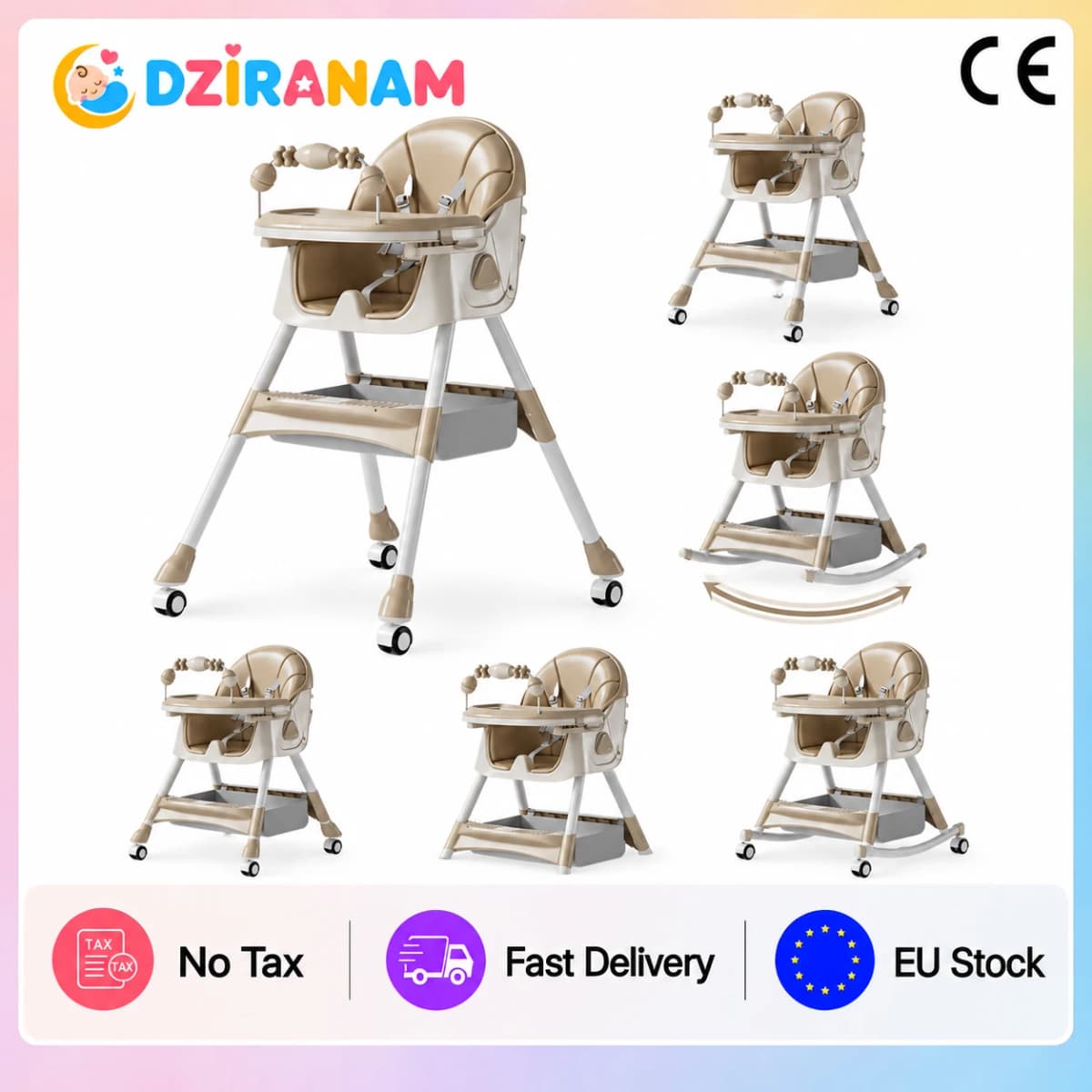 Baby Feeding High Chair 2 in 1 Convertible Rocking Horse Infant Toddler Dining Seat with Adjustable Backrest Double Tray 5 Point Safety Harness Foldable Frame Swivel Wheels Storage Basket for Eating Playing and Rest