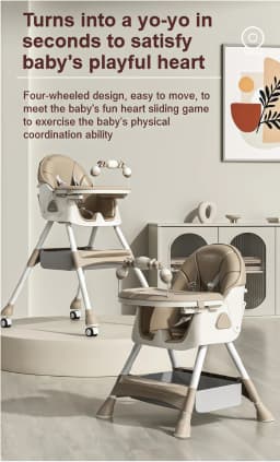 Baby Feeding High Chair 2 in 1 Convertible Rocking Horse Infant Toddler Dining Seat with Adjustable Backrest Double Tray 5 Point Safety Harness Foldable Frame Swivel Wheels Storage Basket for Eating Playing and Rest