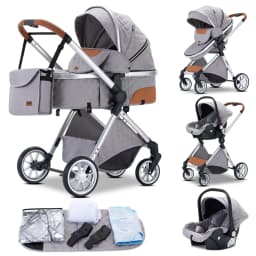 3 in 1 Luxurious Elevated View Baby Stroller Aluminum Frame Foldable Travel Pram Multi‑Position Recline Newborn Infant Stroller
