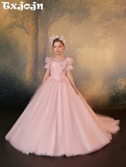 2027 New Pink Girls Tulle Dresses Pageant Gowns Delicate Elegant Pearls Appliques Kids Princess Gown Wedding Guest Clothes 3-14Y