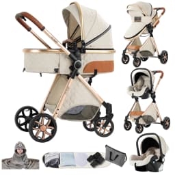 Baby Stroller Travel System Magic ZC Premium 3 in 1, Compact Folding Pram with Carrycot, Car Seat and Reversible Seat, High Landscape Pushchair, All-Terrain Wheels, Adjustable Handlebar, Luxury Baby Carriage from Birth, Beige