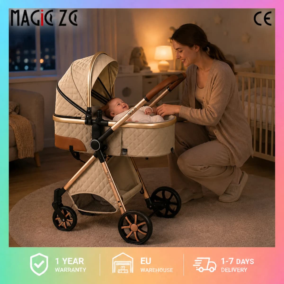 Baby Stroller Travel System Magic ZC Premium 3 in 1, Compact Folding Pram with Carrycot, Car Seat and Reversible Seat, High Landscape Pushchair, All-Terrain Wheels, Adjustable Handlebar, Luxury Baby Carriage from Birth, Beige