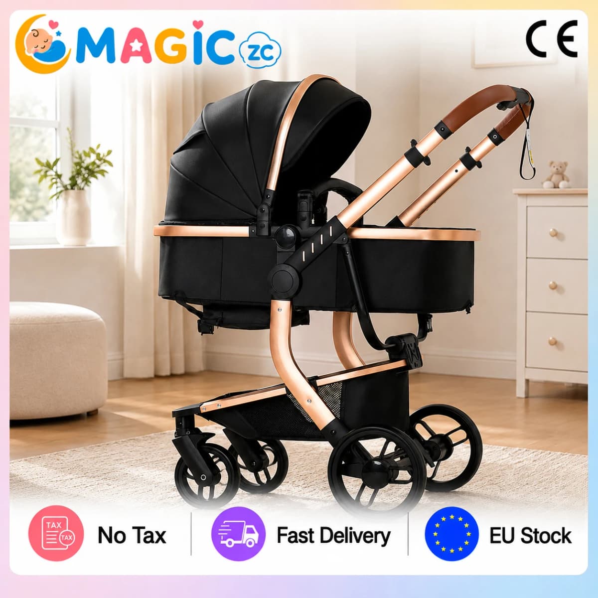 Foldable 3 in 1 Baby Stroller with Infant Car Seat and Bassinet Compact Travel System PU Leather Reversible Seat 4 Wheel Suspension Large Storage Basket Pushchair for Newborn Infant Toddler City Travel One Hand Folding