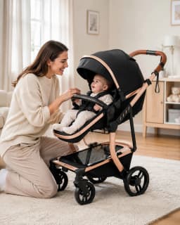 Foldable 3 in 1 Baby Stroller with Infant Car Seat and Bassinet Compact Travel System PU Leather Reversible Seat 4 Wheel Suspension Large Storage Basket Pushchair for Newborn Infant Toddler City Travel One Hand Folding