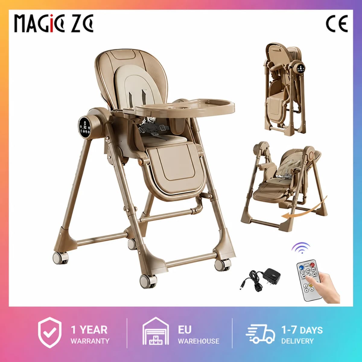 Portable Electric Baby Swing Dining Chair, 2-in-1 Smart Convertible Baby Rocking Chair with Quick Folding Mechanism, 2-Tier Split Food-Grade PP Tray, Soft Washable Cushion, Lockable Universal Wheels and Harness