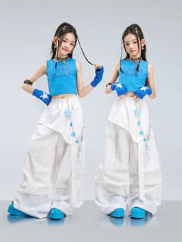 Girls Jazz Hip Hop Dance Clothes Blue Vest White Cargo Pants Summer Kpop Y2K Street Wear Kids Concert Performance Outfit
