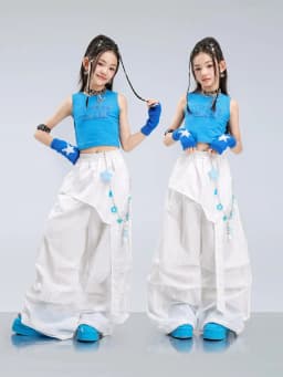 Girls Jazz Hip Hop Dance Clothes Blue Vest White Cargo Pants Summer Kpop Y2K Street Wear Kids Concert Performance Outfit