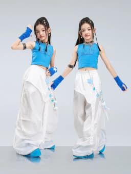 Girls Jazz Hip Hop Dance Clothes Blue Vest White Cargo Pants Summer Kpop Y2K Street Wear Kids Concert Performance Outfit