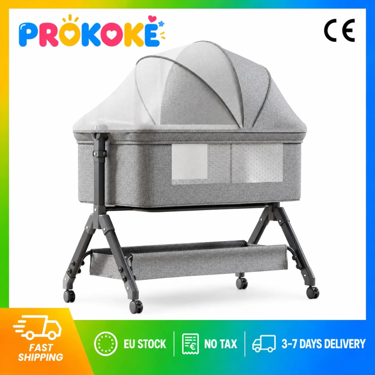 5 in 1 Baby Bedside Bassinet for Newborn 0-12 Months Portable Rocking Crib Lightweight Travel Sleeper Easy Fold with Foam Mattress Mosquito Net Storage Basket Changing Table 3 Height Adjustment 4 Lockable Wheels Iron Frame