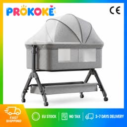 5 in 1 Baby Bedside Bassinet for Newborn 0-12 Months Portable Rocking Crib Lightweight Travel Sleeper Easy Fold with Foam Mattress Mosquito Net Storage Basket Changing Table 3 Height Adjustment 4 Lockable Wheels Iron Frame