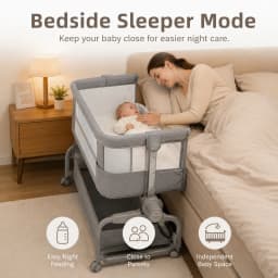 5 in 1 Baby Bedside Bassinet for Newborn 0-12 Months Portable Rocking Crib Lightweight Travel Sleeper Easy Fold with Foam Mattress Mosquito Net Storage Basket Changing Table 3 Height Adjustment 4 Lockable Wheels Iron Frame