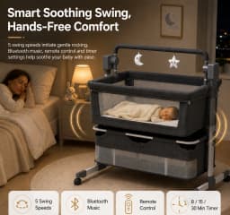 Baby Bedside Sleeper for Newborns 0-12 Months Foldable Adjustable Height Bassinet with Electric Rocking 5 Speeds 3 Timers Bluetooth Music Remote Control 5 Point Safety Harness Mosquito Net Storage Basket Mattress and 4 Wheels