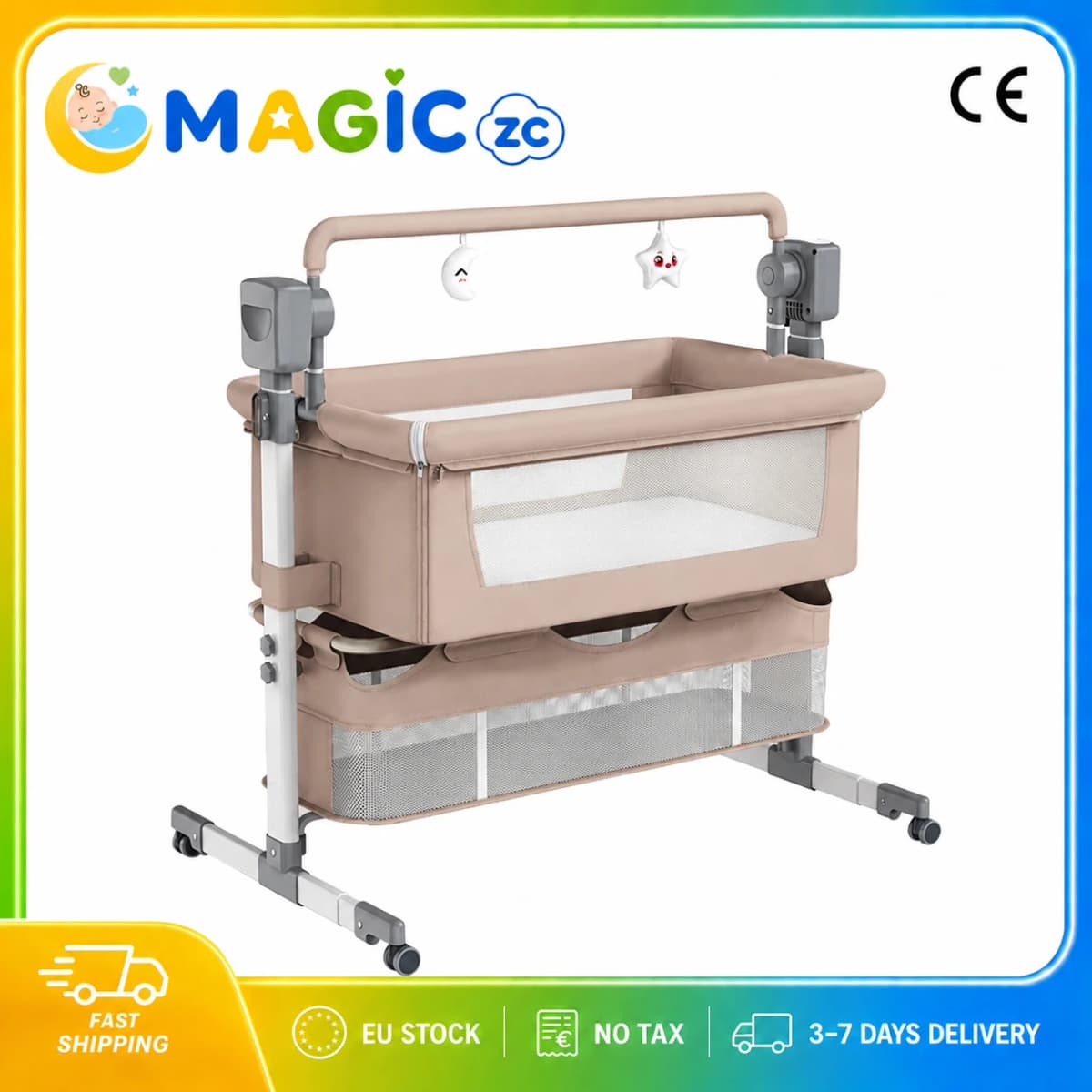 Baby Bedside Sleeper for Newborns 0-12 Months Foldable Adjustable Height Bassinet with Electric Rocking 5 Speeds 3 Timers Bluetooth Music Remote Control 5 Point Safety Harness Mosquito Net Storage Basket Mattress and 4 Wheels