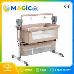 Baby Bedside Sleeper for Newborns 0-12 Months Foldable Adjustable Height Bassinet with Electric Rocking 5 Speeds 3 Timers Bluetooth Music Remote Control 5 Point Safety Harness Mosquito Net Storage Basket Mattress and 4 Wheels